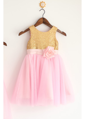 Gold Sequin Pink Tulle Knee Length Flower Girl Dress